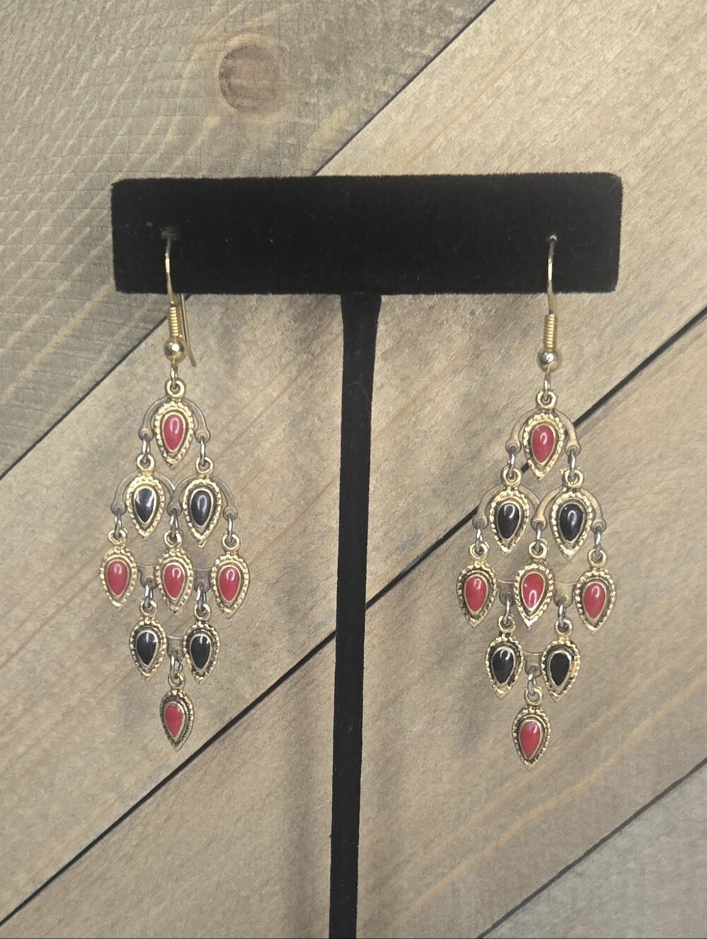 Gold-Tone Teardrop Chandelier Earrings with Red And Black Accents